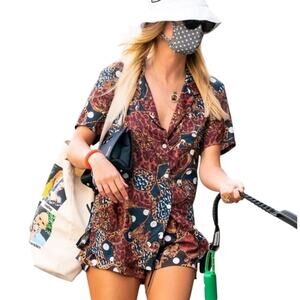 Inamorata Burgundy Leopard-Link Short Sleeve Button Down El Camino Shirt XS / S